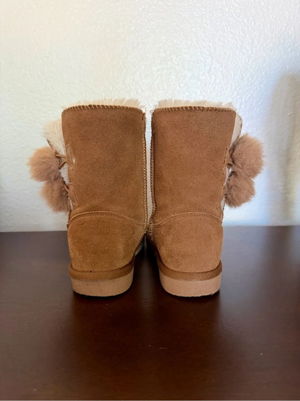 DreamPairs Chestnut Boots Kids Size 12 Fur Pom Trim Suede